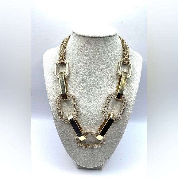 Oversized Gold Chunky Toggle Statement Necklace Rhinestones Geometric Sparkle - Picture 1 of 10